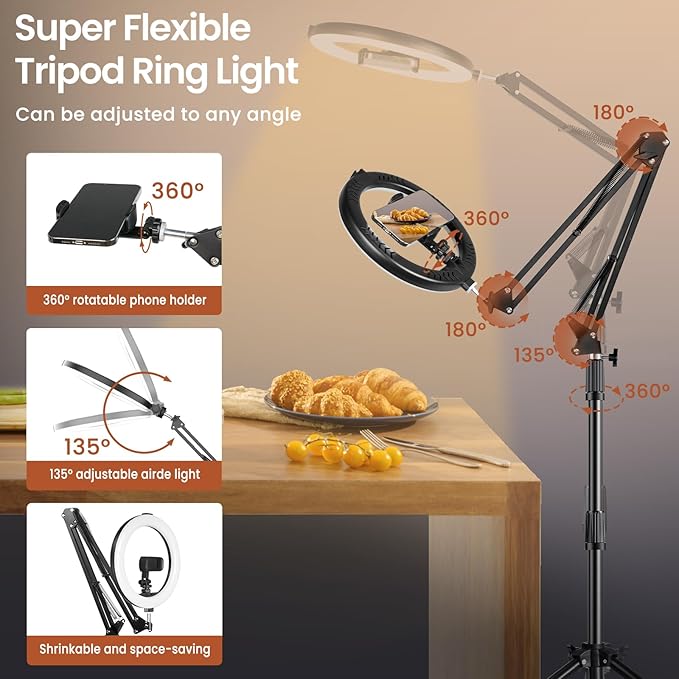 Ring Light Overhead Phone Mount with Casters, Dual-Purpose Floor/Desk Light Tripod for iPhone, Selfie Phone Tripod for Video Recording/Live Streaming/Cooking