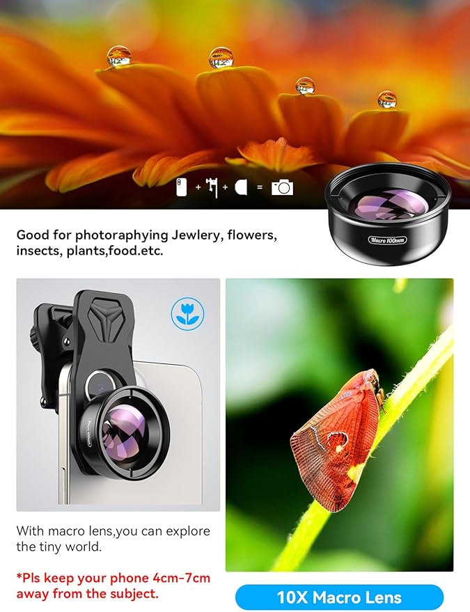 APEXEL Professional Macro Photography Lens with Fill Light for Smartphone, Macro Lenses for iPhone, Samsung, Galaxy, Android Phone(Fits for Almost All Phone), Cell Phone Lens Attachment for iPhone