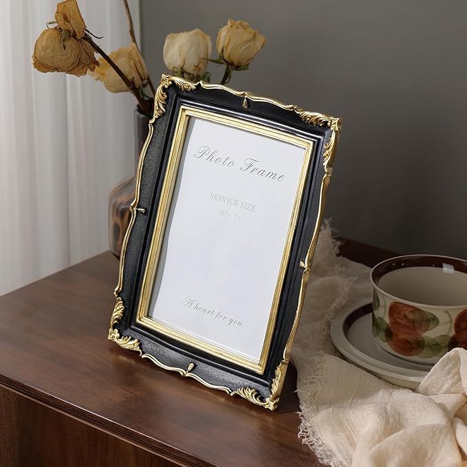 Cuspin 5x7 Picture Frame Black and Gold Frames, Vintage Ornate Textured Hand-Crafted Resin Photo Frame with Glass Front, Decorative Picture Frame for Wall & Tabletop, Retro Frame Home Decor
