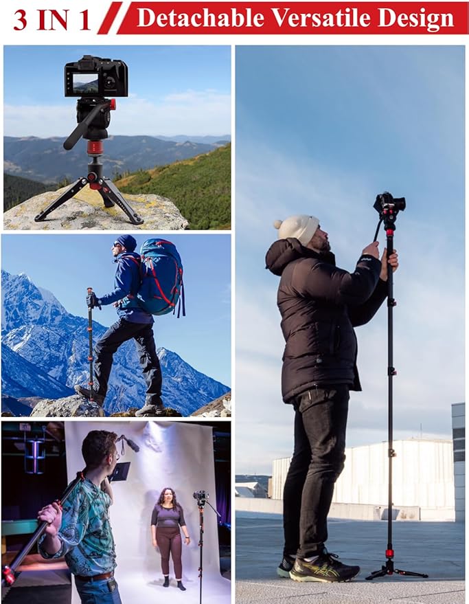 IFOOTAGE 71" Carbon Fiber Monopod Cobra 3 C180F, Camera Monopod Lightweight for Travel, Professional Video Mono pod with Tripod Base, Max Load 10KG