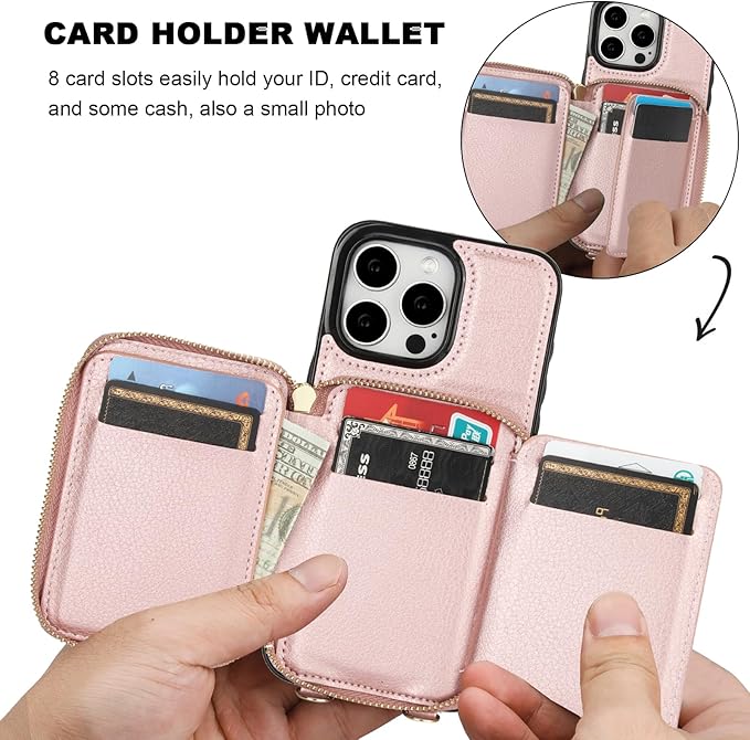 Bocasal RFID Blocking Wallet Case for iPhone 15 Pro Max, Adjustable Crossbody Zipper Purse Case Card Holder with Kickstand Detachable Wrist Strap, PU Leather Flip Folio Case 6.7 Inch 5G (Rose Gold)