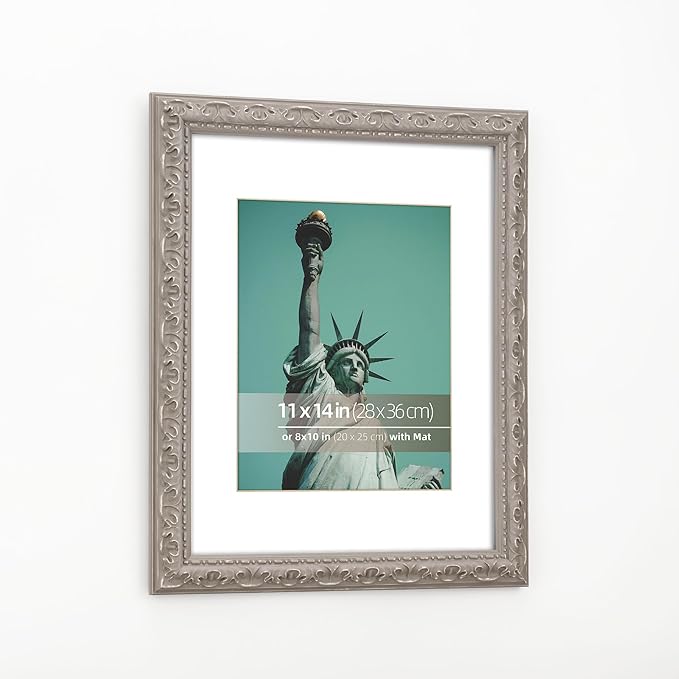 11x14 Embossed Scrollwork Distressed Wood Vintage Antique Retro Picture Frame, Display 8x10 Photos, Art Prints with Mat, Glass Cover, Weathered Grey
