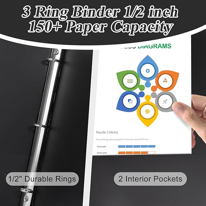 CIXILDTS 0.5-inch Round Ring Binder, Durable 1/2" 3 Ring Binder Fit Letter Size Paper, Black, 24-Pack