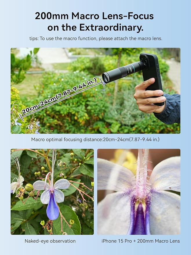 MIAO LAB HD 10X Telephoto Lens & 200mm Macro Lens, 2-in-1 Aluminum Phone Camera Lens Kit with 17mm Lens Thread Interface Mobile Phone case. Phone Lens Attachment Fit for iPhone 15 Pro