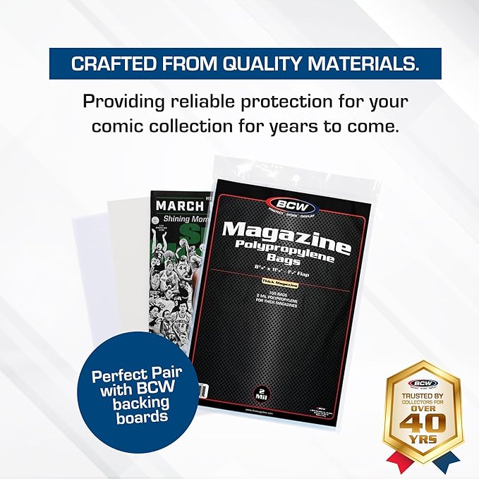 BCW Thick Magazine Bags - 1 Pack of 100 | Acid-Free, Clear Polypropylene Sleeves for Archival-Quality Storage of Collectible Magazines | Protect and Showcase Your Valuable Comic Book Collection