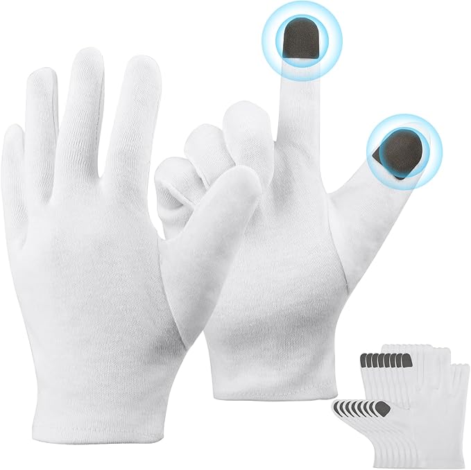 ENPOINT Touch Screen Gloves - 5 Pairs Small White Cotton Gloves for Art Handling, Coin Handling, Jewelry, Photography, Dry Hands Sleeping, with Pack of 20 Touch Screen Stickers