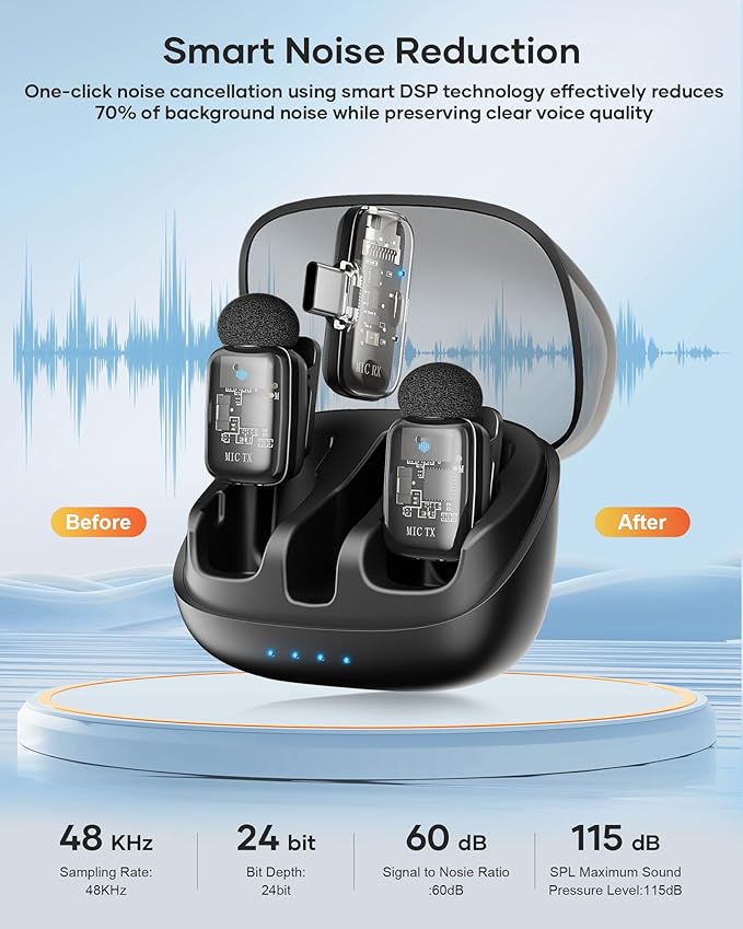 Mini 2 Wireless Lavalier Microphones for iPhone 15/16/17 & Android, 3-Level Noise Reduction, Plug & Play, 36H Battery with Charging Case, Wireless Lapel Mic for Video Recording, Vlogging