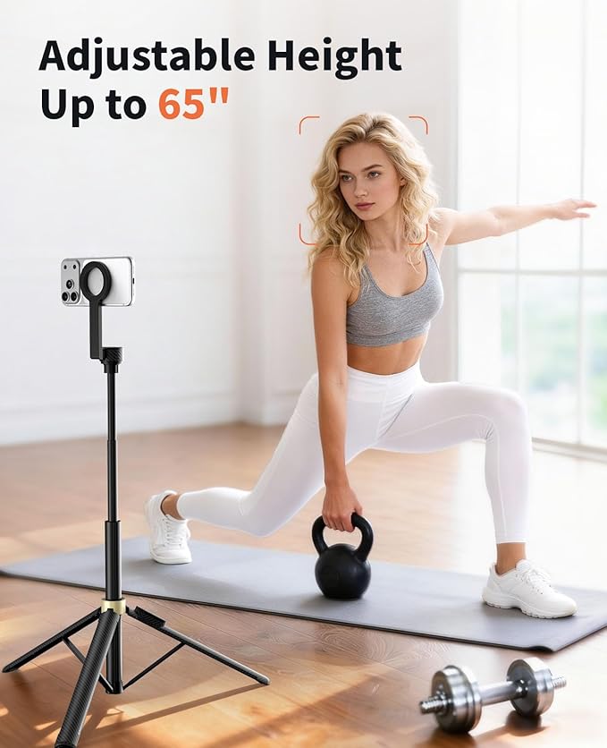 65" Magnetic Tripod for iPhone, Selfie Stick Tripod with Remote, 360° Rotatable Extendable Travel Tripod Phone Stand with Metal Ring, Compatible with iPhone Android