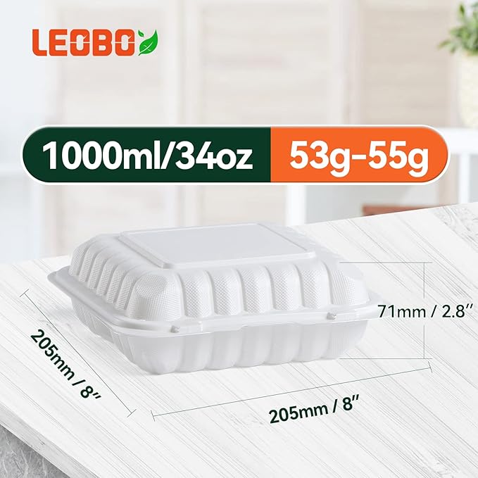 LEOBOX Takeout Container Mineral Filled PP Plastic - 55 Pack 8 Inch 34oz | Shrink Wrap BPA Free Food Container | Freezer & Microwave Safe for Food Delivery | White 3 Compartment Disposable Lunch Boxes