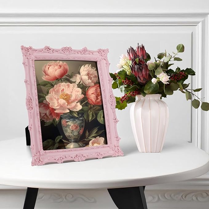 8x10 Picture Frames with Embossed Vines Design and Glass Front Hand-Crafted Resin Photo Frame with Easel & Hook for Tabletop & Wall Hanging Ornate Baroque Vintage Home Room Decor (Pink)