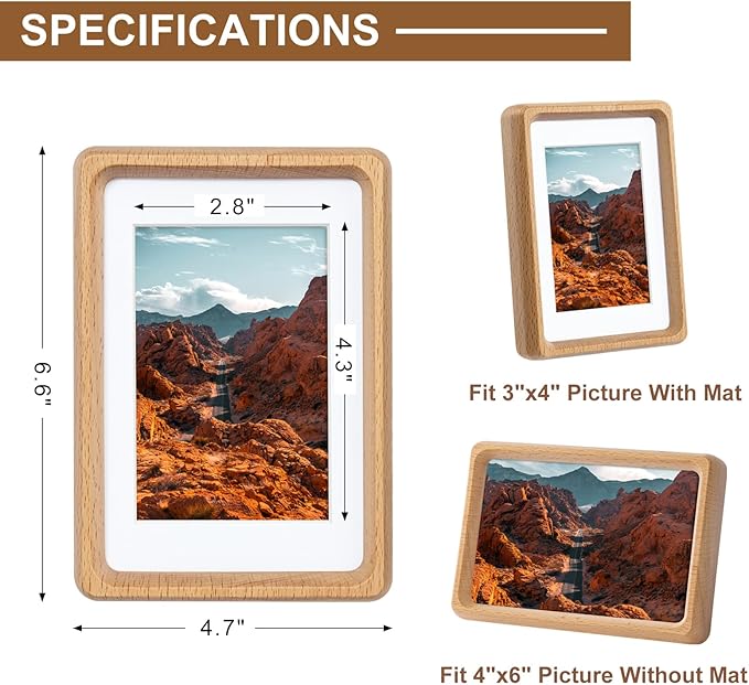 TEYCLZORE 4x6 Natural Wood Picture Frame, Handmade Beech Wood Photo Frame, Display 3x4 Picture with Mat or 4x6 Without Mat, Tabletop Display and Wall Hanging