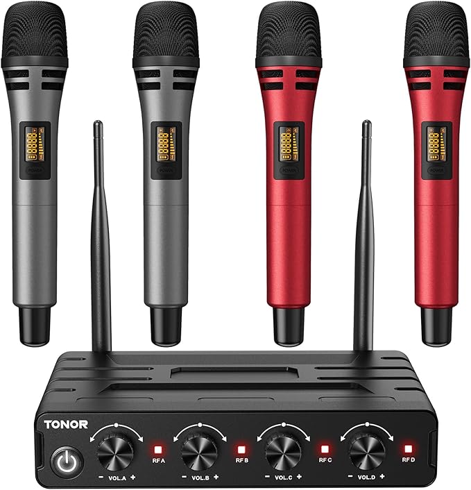 TONOR Wireless Microphones System with 4x10 Channels Cordless Handheld Microfono Inalambrico, UHF Mics with Stable Signal Transmission for Karaoke Singing Party Church Wedding 60 m/200ft Red