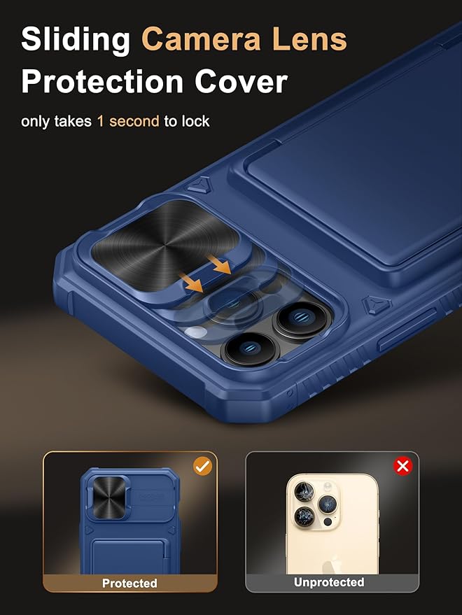 Vihibii for iPhone 13 Pro Max/iPhone 12 Pro Max Wallet Case with Card Holder (4 Cards), [RFID Blocking] & Slide Lens Camera Cover & Raised Edges Protect Screen, Shockproof Rugged Phone Case, Blue