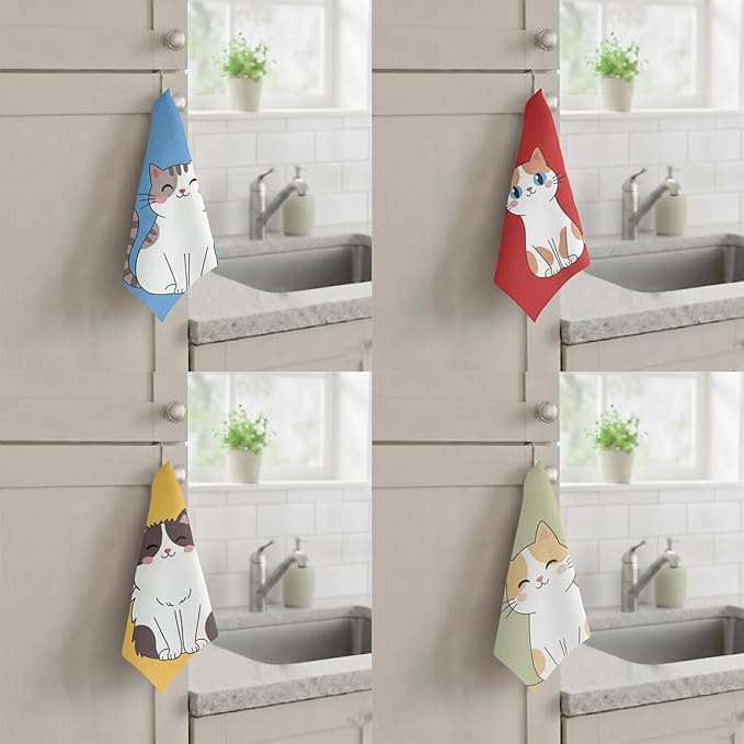 8-Pack Ultra-Fine Microfiber Kitchen Towels, 7-Inch Square with 8 Clips & Multiple Patterns – Soft, Absorbent, Reusable Cleaning Cloths (Cats)