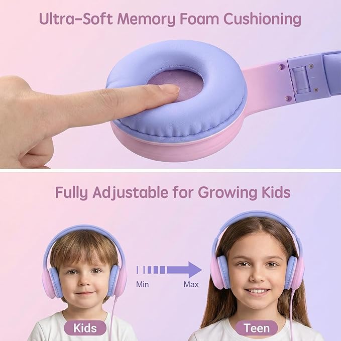 Wired Kids Headphones with USB C Plug, 85dB Safe Volume, Adjustable Headband, Tangle-Free Cord Headphones for School, Tablet, Travel (Light Purple & Pink, Without Microphone)