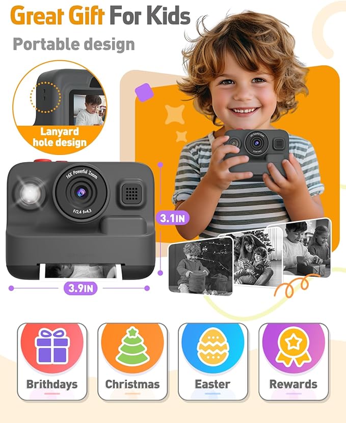 Kids Camera Instant Print, Dual-Lens Front Rear Selfie Camera for Kids, Christmas Birthday Gifts Toys for 3-12 Year Old Boys Girls, 2.4in Screen 1080P Kid Digital Cameras with 32G Card