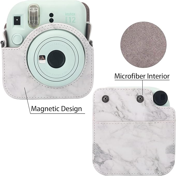 Frankmate Protective Case Compatible with Mini 12 Instant Film Camera with Accessory Pocket and Adjustable Strap (Marble)