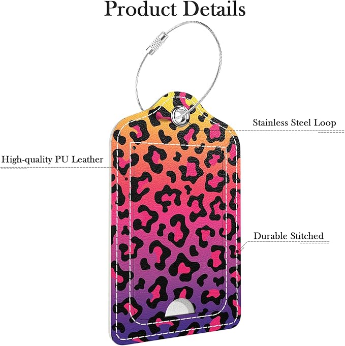 Luggage Tags for Suitcase, 2 Pack PU Leather Travel Cruise Luggage Tag with Privacy Flap, Name ID Label and Metal Loop for Women Men Girls Suitcase Baggage Bag Backpack, Colorful Leopard