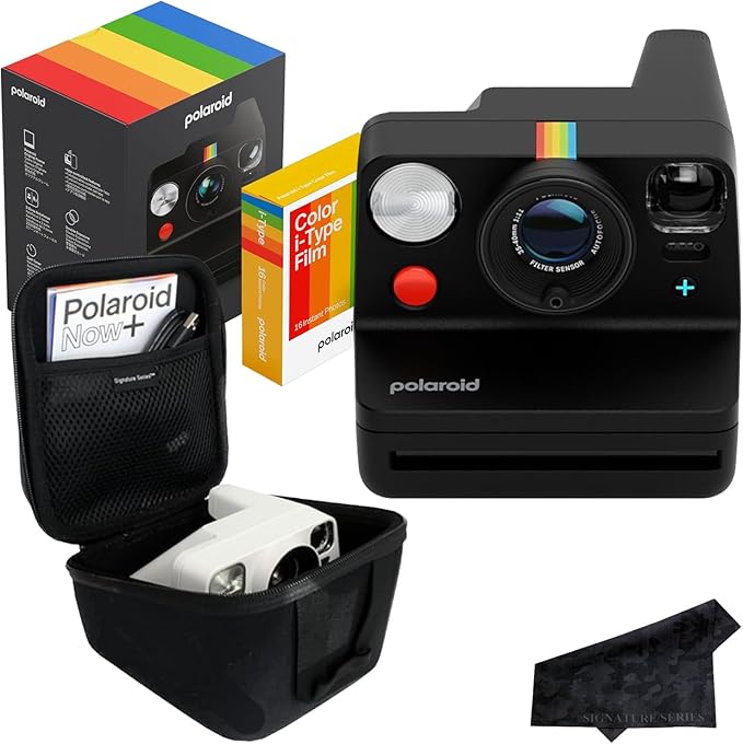 Polaroid Now+ 3rd Generation Bluetooth i-Type Instant Camera with 16 Color Film Photos, Black | App Controlled with Signature Series Case Bundle