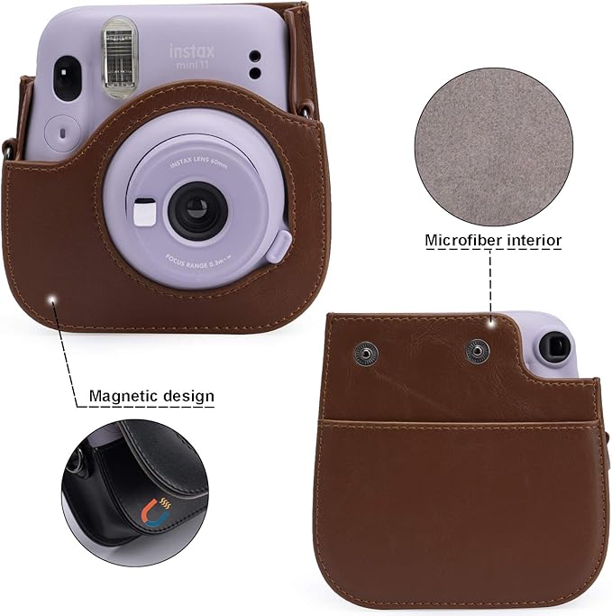 Frankmate PU Leather Camera Case Compatible with Fujifilm Instax Mini 11 12 Instant Camera with Adjustable Strap and Pocket (Brown)