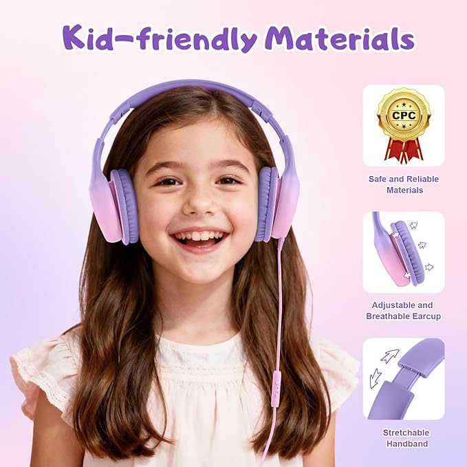 Kids Headphones, Wired Headphones for Kids with Microphone 85/94dB Volume Limit, Stereo Sound Portable Over Ear Headphones for School/Travel/Tablet/iPad, Violet Pink