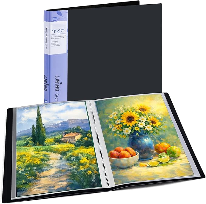 JJRING 11x17 Art Portfolio Folder with Plastic Sleeves, 24-Pocket Portfolio Binder Displaying 48 Pages, Presentation Book with Black Inner Paper for Artwork Storage, Black
