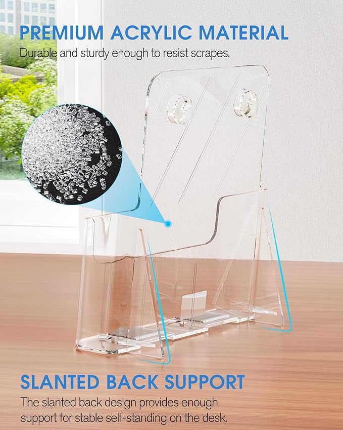 KTRIO Acrylic Brochure Holder 8.5 x 11 Clear Flyer Display Stand, Plastic Literature Holder for Trifold Brochures, Magazines, Menus, Pamphlets, Booklets, Documents, Desk or Wall Mount, 4 Pack