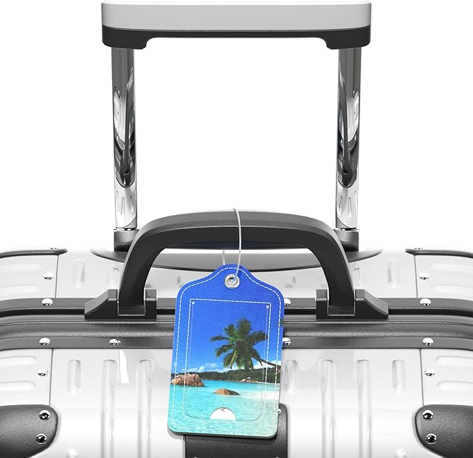 Luggage Tags for Suitcase, 2 Pack PU Leather Travel Cruise Luggage Tag with Privacy Flap, Name ID Label and Metal Loop for Women Men Girls Suitcase Baggage Bag Backpack Instrument, Happy Beach