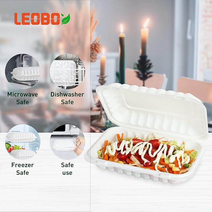 LEOBOX Plastic Containers Mineral Filled PP 9x6 - Shrink Wrap 50 Pack 27oz BPA Free Takeout Box | Freezer Microwave & Dishwasher Safe | Reusable & Disposable Container for To Go Bulk Catering | White