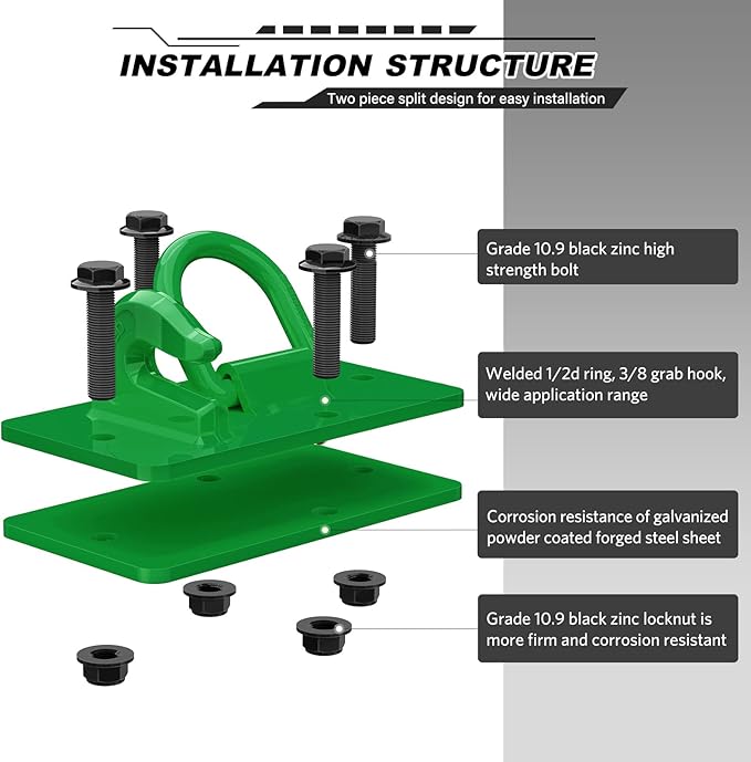 2 Pack Tractor Bucket Hooks with Tie Down Ring, Grade 70 Forged Steel Bolt On Grab Hook Tow Hook Mount with Backer Plate, Work Well for Tractor Bucket, RV, UTV, Truck, Max 15,000 lbs DarkGreen