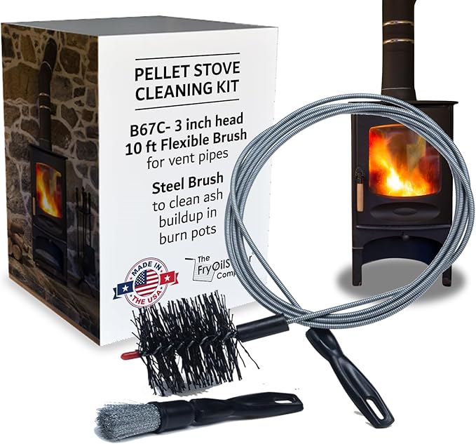 Pellet Stove & Dryer Vent Cleaner Kit – 3 inch Head and 10 ft Long Steel Flexible Brush for Fireplace Chimney, Ash, Lint & Soot Buildup Removal - Pellet Stove Cleaning Kit by FryOilSaver B67C