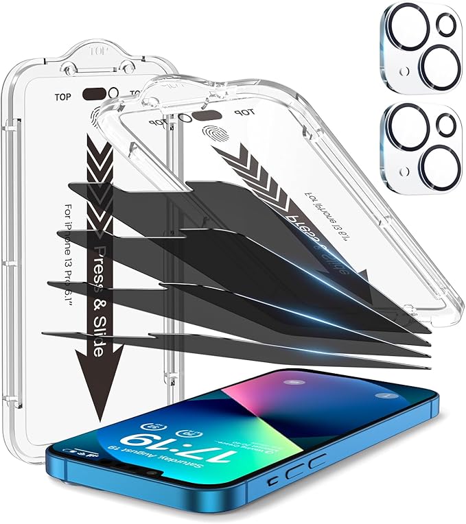 EZ-GLAZ-4+2 Pack for iPhone 13 Privacy Screen Protector[6.1 inches] With Camera Lens Protector, [Drop Protection] 9H Hardness Full Coverage Anti-Spy Tempered Glass Film, Easy to install | True 28°Anti Spy, Glass Privacy Screen, Tempered, Longest Durable