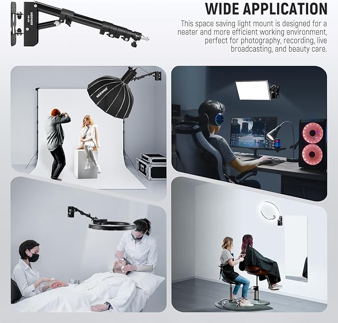 NEEWER Ring Light Wall Mount Boom Arm, 22"-46"/55-116cm 180° Swivel Triangle Light Wall Mounting for Photography Strobe Monolight Softbox Umbrella Reflector, Aluminum Alloy, 6.6lb/3kg Capacity, WB-100