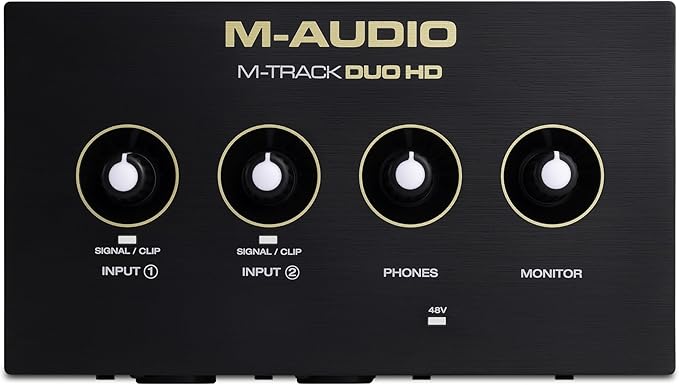 M-AUDIO M-Track Duo HD Audio Interface, M100 Condenser Microphone and HDH41 Studio Monitoring Headphones for Recording, Producers, Content Creators and Podcasters