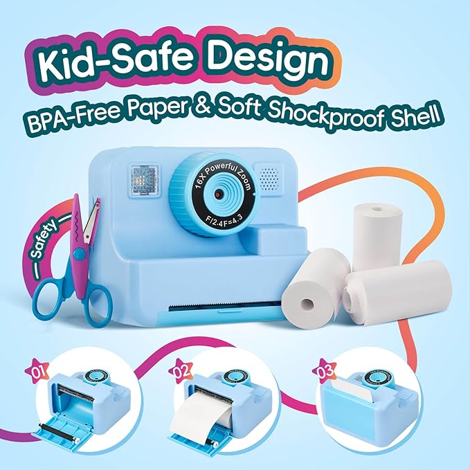 Kids Instant Print Camera, 1080P Selfie Video Camera with DIY Journal Kit – 200+ Accessories, Christmas & Birthday Gifts for Girls & Boys Ages 3-12 (Blue)