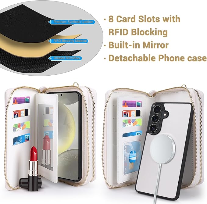 Harryshell Compatible with Samsung Galaxy S26 Case Wallet Multi Zipper Detachable Removable Cover Purse with Card Slots Holder Mirror Crossbody Strap (Compatible with Magsafe - White)
