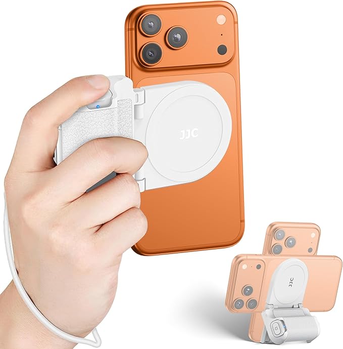 Magnetic Smartphone Shooting Holder Hand Grip Handle Snap On Phone Stand with Tripod Mount & Wireless Shutter Remote for iPhone 17 Air 16 15 14 13 12 Pro Max Android Vlog Video Photography - White
