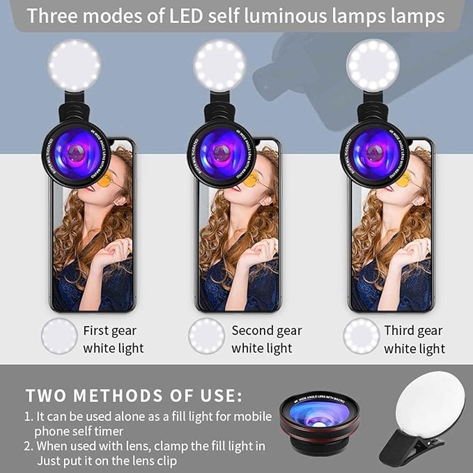 4K HD 0.45X Wide Angle Lens + 15X Macro Lens for iPhone Samsung - with Mini Selfie Ring Light, Quick Clip, Release Strap, Cleaning Cloth & Travel Case - Universal Phone Camera Lens Kit for Photography