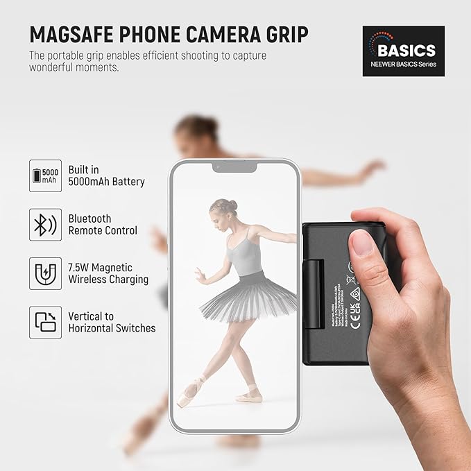 NEEWER Basics Magnetic Phone Camera Grip Handle with Shutter Remote Compatible with MagSafe iPhone ONLY, 18W Magnetic Charging, 5000mAh Rechargeable for Vlog Selfie Tripod Video Recording, WS-25001