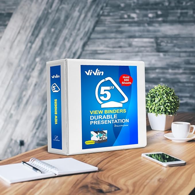 ViVin Durable 5 inch D Ring View Binder, Large 5" Slant-D Ring with 950-Sheet Capacity, Fit 8.5" x 11" Paper, 6 Pack(White)