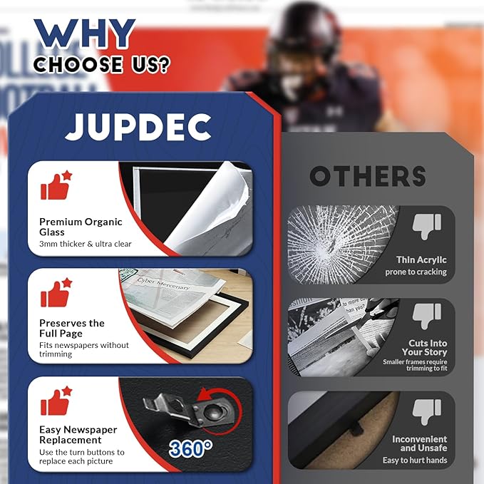 JupDec 11 × 22 Up to 13 × 24 Newspaper Frame, Premium Wood Display Case with Acrylic Panel, Wall Mount or Tabletop Stand, Perfect for Home & Office Decor, Ideal Gift for Collector, 6 Pack, Black