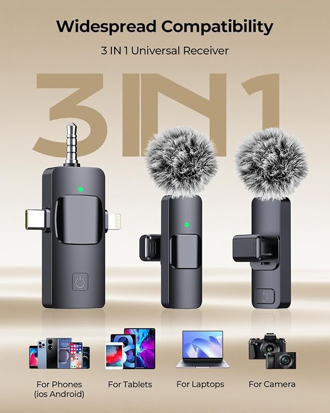 3-in-1 Microphone for iPhone, Android, Camera, Wireless Microphones, Mini Microphone, Lapel Mic with Noise Reduction, Crystal Clear Sound & 7H Battery for Vlogging, Portable Recorders