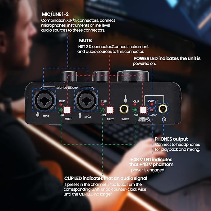 USB Audio Interface with 2X XLR/TRS Inputs, Phantom Power, USB-A/C Connectivity Perfect for Recording, Live Streaming, Podcasting Home Studio Use by Musicians Content Creators(OS3)