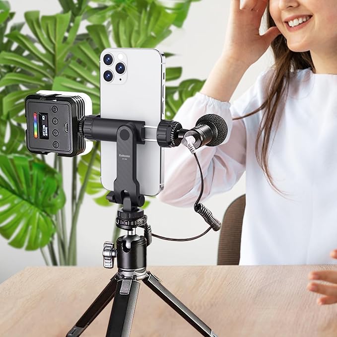 Cell Phone Tripod Mount, Universal Tripod Phone Mount with 2 Cold Shoes, 360° Rotates 180° Tilts Camera Hot Shoe Phone Mount Smartphone Tripod Holder Adapter for iPhone Samsung All Phone