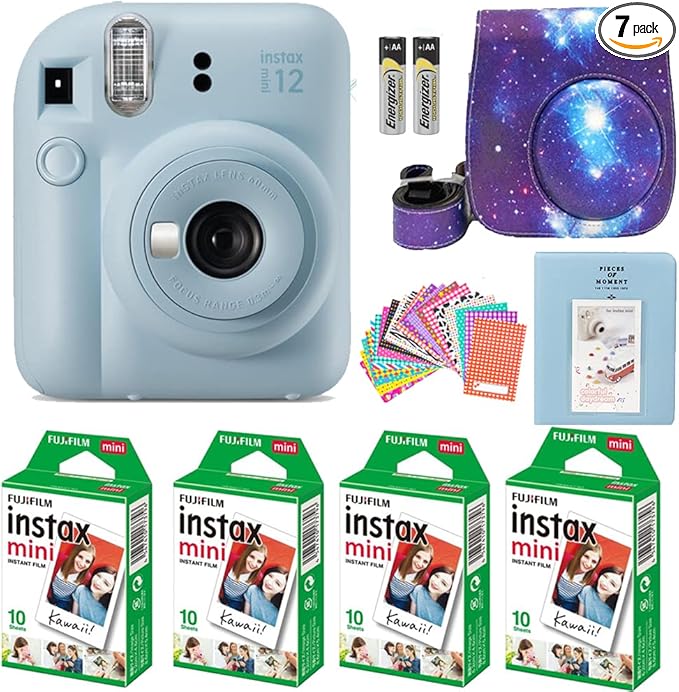 Fujifilm Instax Mini 12 Instant Camera Pastel Blue with Film Value Pack (40 Sheets) + Accessories Including Galaxy Carrying Case Strap, Photo Album, Stickers (Pastel Blue), Compact