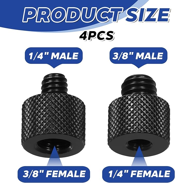 4 Pcs 1/4 to 3/8 Tripod Screw Adapter, 1/4 Male to 3/8 Female & 3/8 Male to 1/4 Female Black Aluminum Alloy Camera Tripod Screw Adapter for Camera Monitor, Mount, Microphone Stand