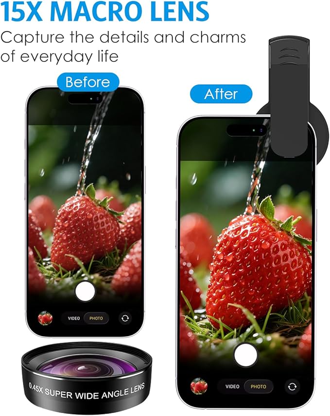 AMIR Phone Camera Lens, 0.45X Super Wide Angle Lens for iPhone Lens Kit, 15X Macro Clip-On 2 in 1 Professional Lens Kit for iPhone, Samsung, Google and Most of Android
