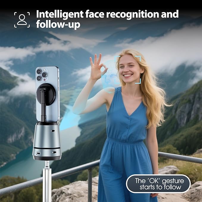 Auto Face Tracking Tripod & Wireless Charger,360° Rotating Cell Phone Photo Video Kits,No App, Gesture Control, Rechargeable Smart Shooting Stand,Wireless Charging for iPhone/Samsung Galaxy