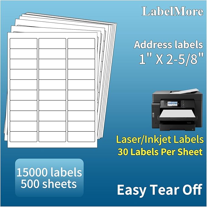 LabelMore Mailing Address Labels, 1" x 2-5/8", 30 up Labels for Laser or Inkjet Printable, 30-Up FBA Labels, 15000 Labels - 500 Sheets