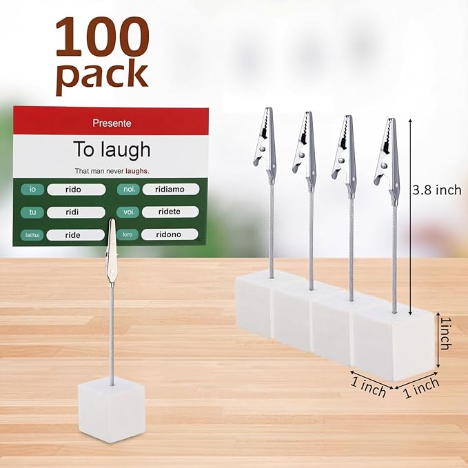 Gersoniel 100 Pcs Cube Base Memo Clip Holder with Alligator Clip Wood Table Number Holder Cube Base Place Card Stand Mini Photo Menu Stand for Displaying Number Card (White)